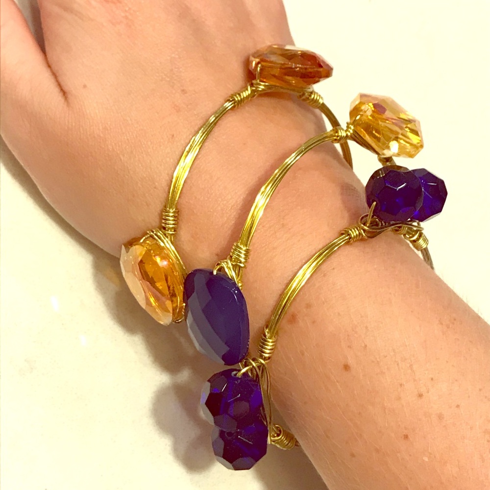 3 gold wire wrapped gem bangle bracelets